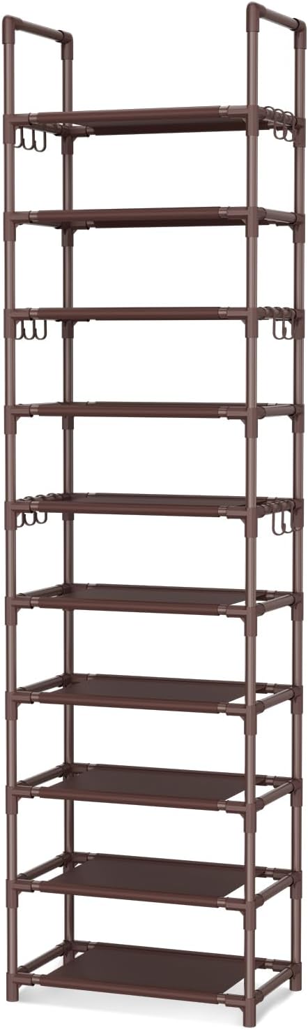 VTRIN 10 Tiers Tall Shoe Rack Holds 20-25 Pairs of Shoes Sturdy Vertical Shoe Organizer with 18pcs Hooks Stackable Narrow Shoe Rack for Closet, Entryway Brown