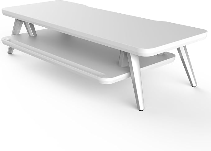Fenge Monitor Stand Riser, Wooden Desk Shelf with 2-Tier Storage | 23.6-Inch Wide, Sturdy Aluminum Legs, Built-In Phone & Tablet Slot, Desktop Organizer for Office Accessories