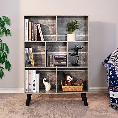 LEYAOYAO Cube Bookshelf, Mid-Century Modern Book Shelf with Legs,Dirty Grey | 3 Tier Bookcase, Rustic Wood Bookshelves Freestanding Small Storage Organizer, Open Shelves for Bedroom, Living Room, Office