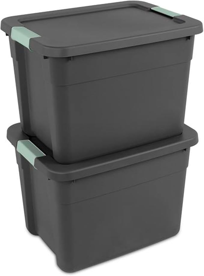 Sterilite 24 Pack Latch Tote, Stackable Plastic Storage Container, 12 Gallon, Gray/Green