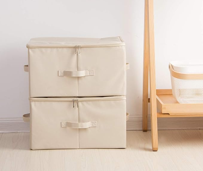 Sturdy Fabric Storage Bins with Lid, Shelves Clothes Storage Cubes,Set of 2 | versatile storage for seasonal clothes/ blankets/duvets, folding Space-Saving Design,3-side opening, Removable bottom board