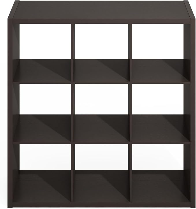 Furinno Simple 9-Cube Storage Organizer, Display Shelf, Dark Oak | Extra Thick Frame, Open Back Shelving Unit, Storage Shelves, for Organization and Storage, Living Room, Home Office