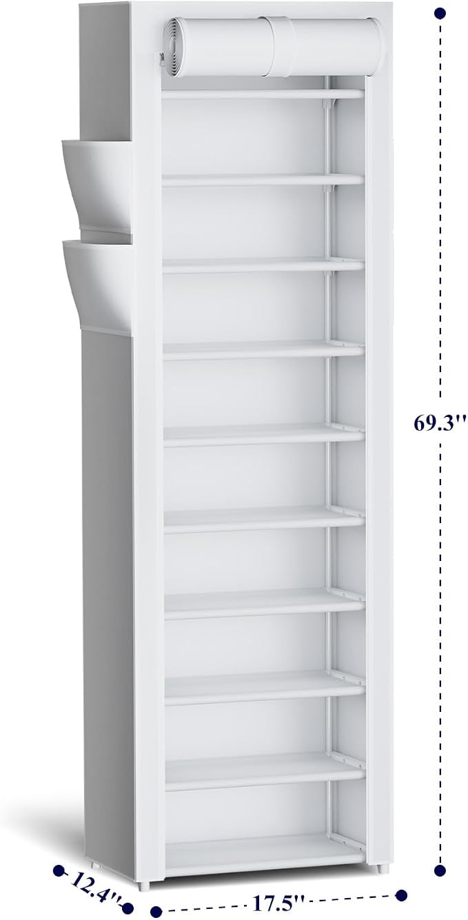 Kitsure 10-Tier Shoe Rack with Cover, Vertical Shelf, 17.5" Wide, White | Space Saving Shoe Storage with Side Pocket, Shoe Organizer for Closet, Entryway, Bedroom, Zapateras Organizer
