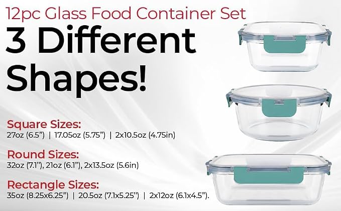Magic Mill Premium Borosilicate Glass Food Storage Containers with lids Set | 24pc Sets with 12 Bowls & 12 Airtight Locking Lids for Lunch & Meal Prep, Safe for Oven, Freezer, Dishwasher, BPA-Free