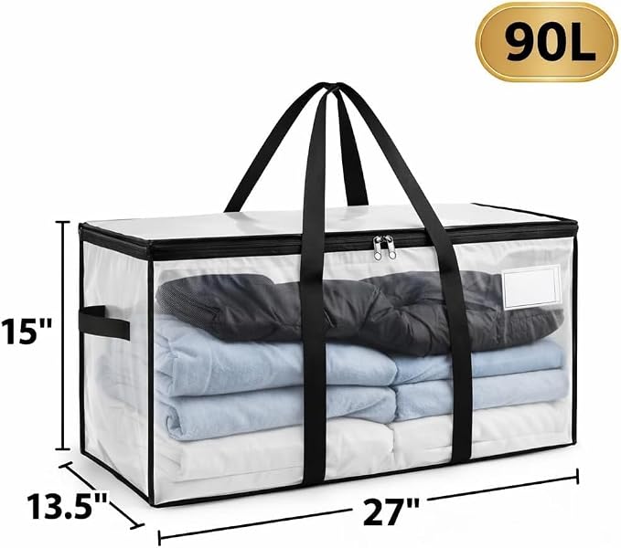 Comforter Storage Bags with Zipper and Handles (90L) - Extra Large Moving Bags 27" Heavy Duty, Waterproof Storage Bags for Moving, Foldable Storage Totes for Bedding, Blankets, Closet & College (4)