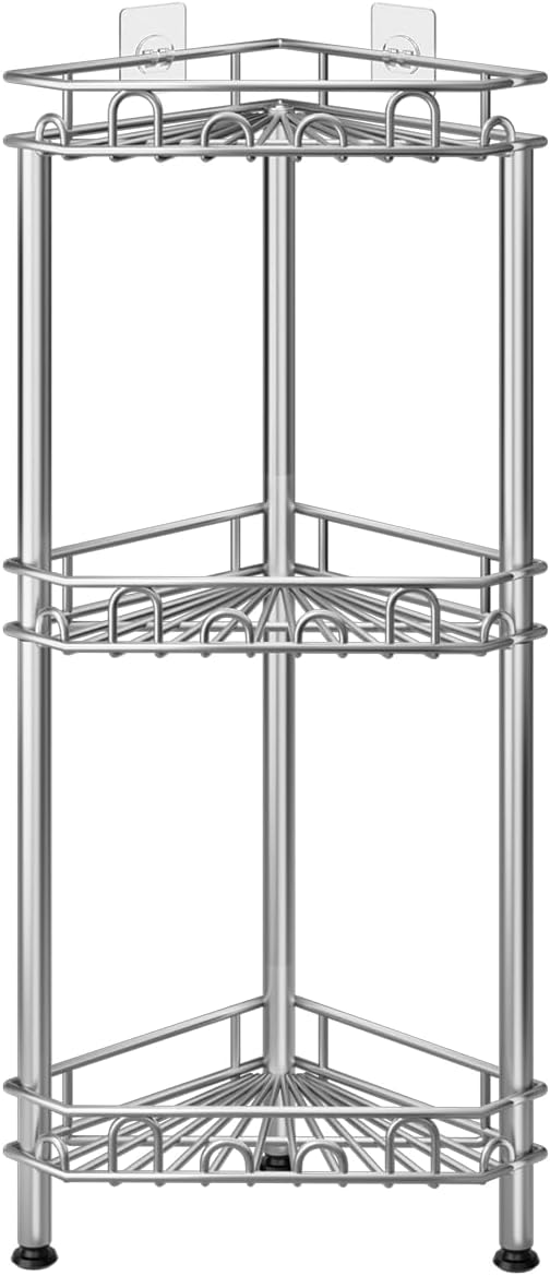 SWTYMIKI Standing Shower Caddy Corner - 3‑Tier Stainless Steel Shower Organizer Shelf with 12 Hooks and Adhesive Pads, Rustproof Corner Shelves Stand Rack for Bathroom Shower Room, Silver