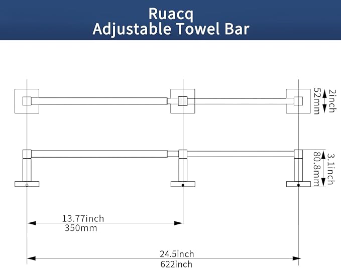 RUACQ Adjustable Towel Bar, Towel Racks for Bathroom Wall Mounted, Nickel | Adjust 13.8 to 24 inch Single Towel Rod, Bath Towel Holder, 304 Stainless Steel, Rustproof, Square Base, Heavy Duty, Modern