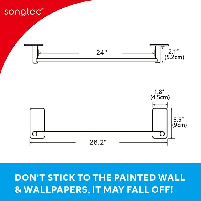 Adhesive Bath Towel Bar 24-inch Black, No Drill Stick On Towel Rack, Easy Install with Self-Adhesive, Premium SUS304 Stainless Steel (Black, 24)
