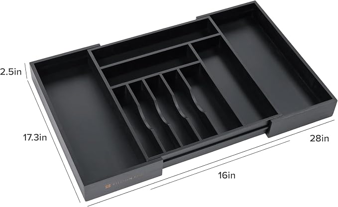 KitchenEdge Silverware & Utensil Drawer Organizer, 16-28 in, Black Bamboo | Cutlery, flatware, food-safe contract grade, kitchen drawer fit