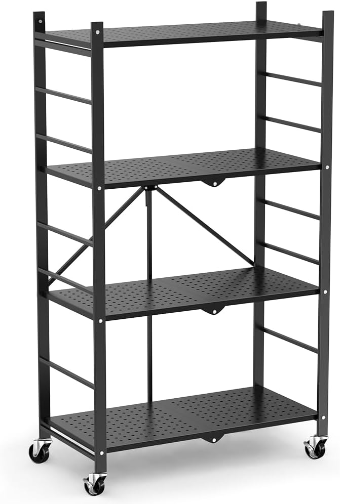 Himix 4-Tier Foldable Storage Shelf with Wheels 20 Hooks Black No Assembly | Metal collapsible organization, Folding storage rack, Wire shelving, Unit Rolling Cart, Kitchen, Garage, Holds 352 Ibs