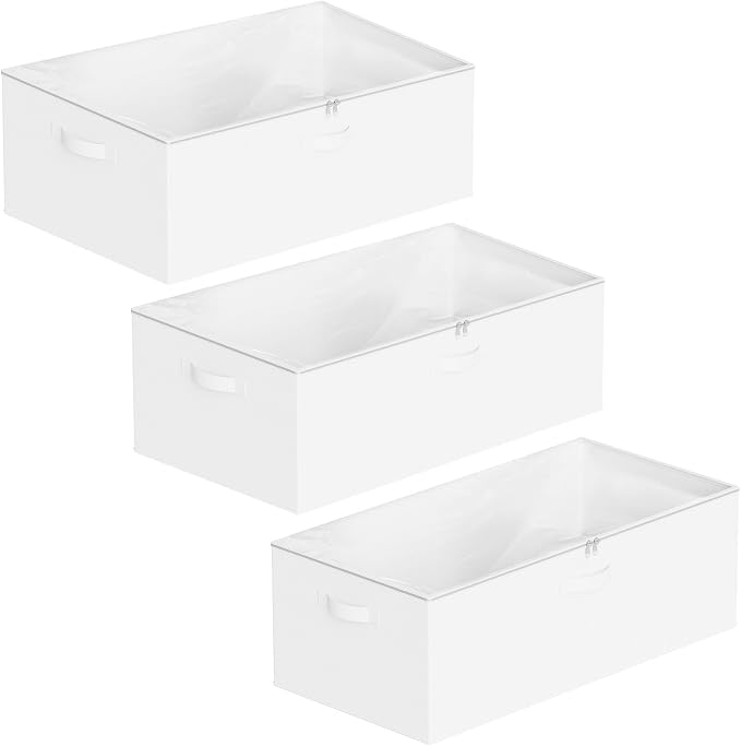 SpaceAid 3 Pack 10" High Under Bed Storage Containers, Large Underbed Storage Organizer Bins with Lids for Bedroom, Dorm, Clothes, Closet Organization, Bed Sheets and Blankets (White)