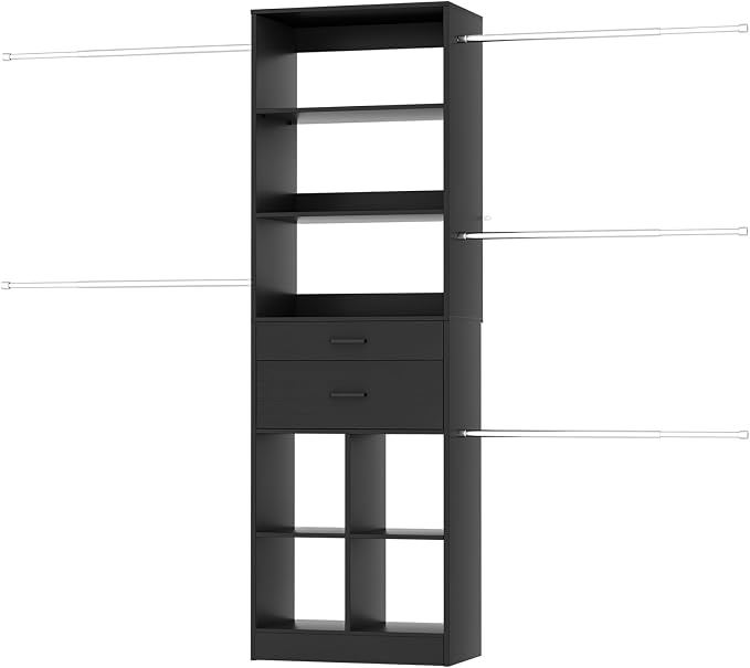 Besiost Closet System, 4-8 FT Closet Organizer Tower with 2 Wooden Drawers and Shelves, Can Fit 60 to 96 inch Walk-in Closet System with 5 Hang Rods, Built-in, Black