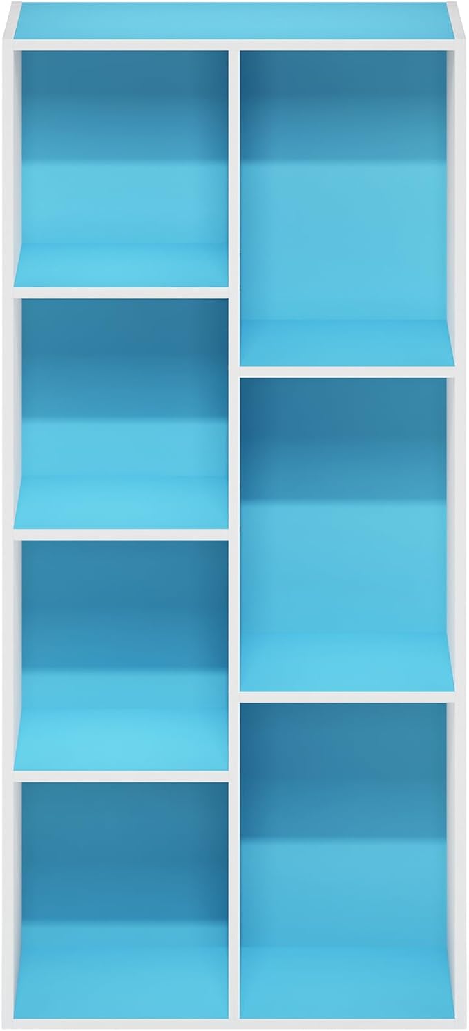 Furinno LUDER Book Shelf, 7-Cube Bookshelf, Bookcase with Open Shelves, 9.4 x 19.5 x 41.7, Easy Assembly, for Living Room, Bedroom, Home Office, White/Light Blue