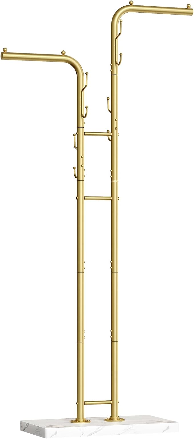 Gold Coat Hanger Stand, Floor Standing Coat Rack, Entryway Coat Tree with 8 Hooks and Marble-Look Base, Modern Double-Pole Metal Clothes Rack for Entrance, Living Room, Bedroom, YM02DWY1