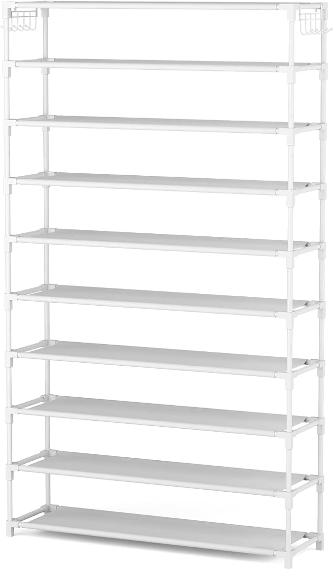 LANTEFUL 10 Tiers Shoe Rack 50 Pairs Large Capacity Tall Shoe Organizer Sturdy Shoe Storage with Two Hooks Space Saving Metal Wide Shoe Rack for Closet, Entryway, Bedroom, White