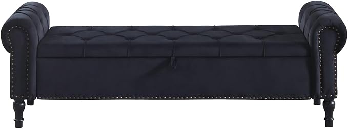 Storage Bed Bench for Bedroom, 67 Inches End of Bed Bench, Velvet King Size Bench with Arms, Tufted Button Storage Ottoman Benches, Upholstered Bench for Bedroom, Living Room, Entryway, Black