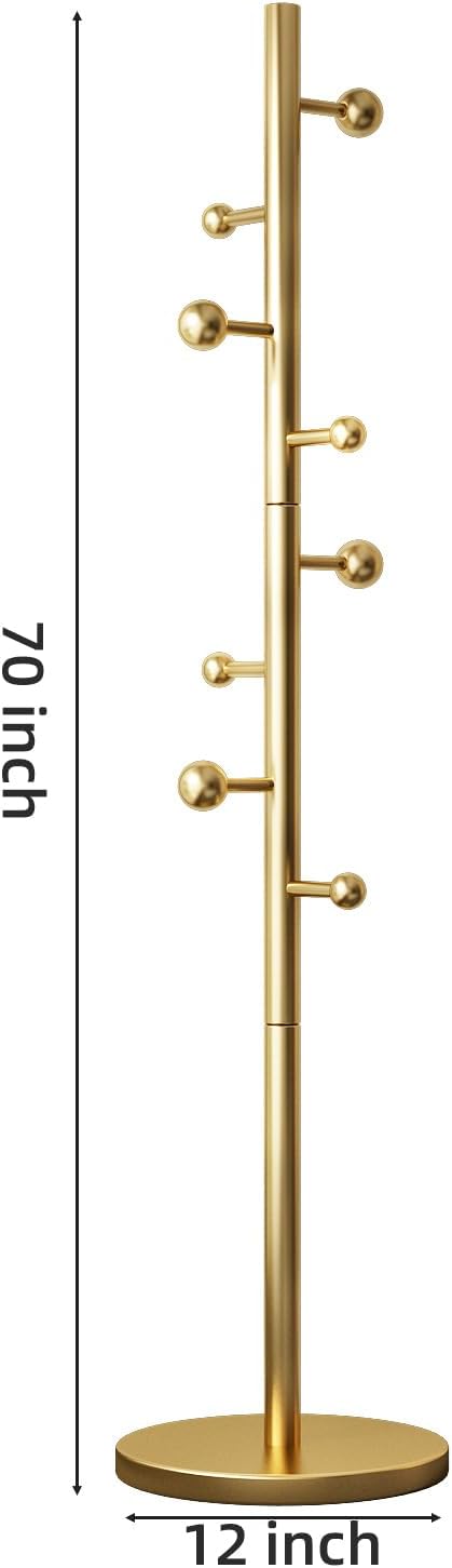Coat Rack Freestanding Coat Tree with 8 Hooks Coat Hanger Stand,Gold | Heavy Duty Metal Coats Rack Stand for Jacket Hat Clothes Bag Stainless Steel Hall Tree Hat Racks for Entryway Bedroom Hallway