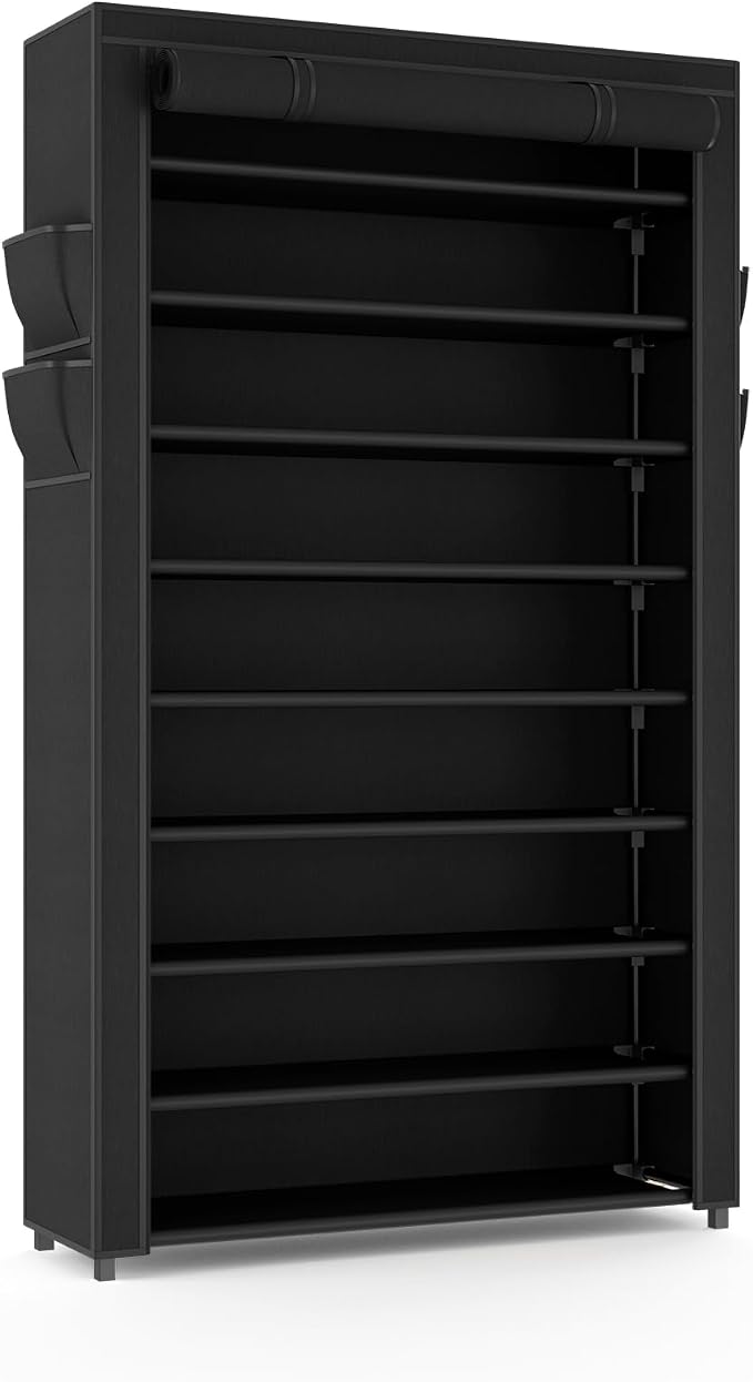VILICK Shoe Rack with Cover Narrow Shoe Organizer with Pockets 10 Tier Tall Shoe Storage Holds 36-41 Pairs Shoes and Boots Shoe Rack for Closet Entryway Garage, Black