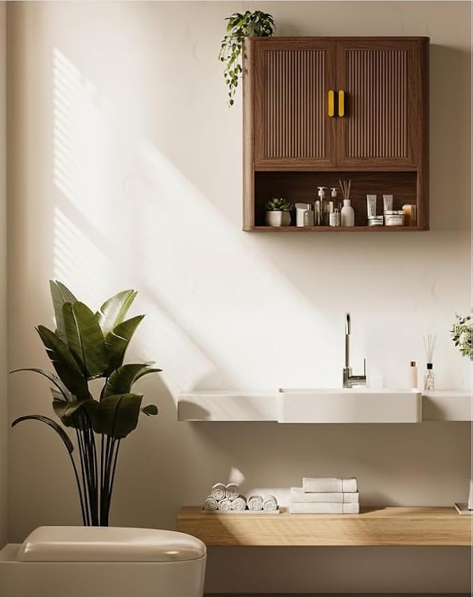 INNOD Bathroom Storage Cabinet, Medicine Cabinet with Adjustable Wood Shelf & Doors, Over The Toilet Storage Cabinet for Laundry Room & Kitchen & Living Room (Walnut)