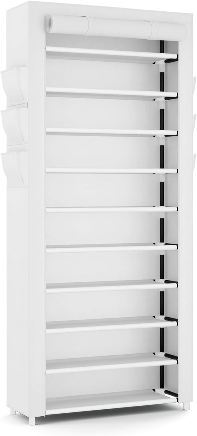 VTRIN Vertical Narrow Shoe Rack Organizer Tall Shoe Rack for Closet Entryway 10 Tier Non-Woven Cover Shoe Shelf Holds 36-41 Pairs Free Standing Shoe Storage Cabinet with Dustproof Cover, White