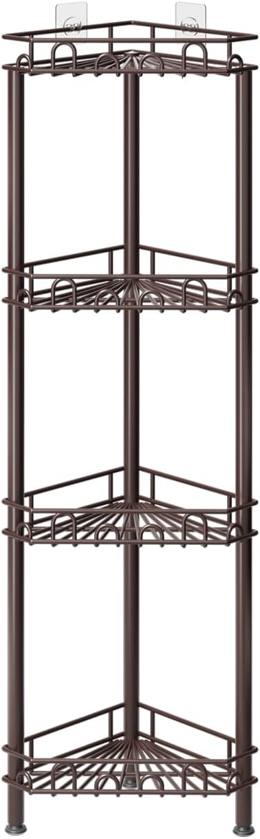 SWTYMIKI Standing Shower Caddy Corner - 4‑Tier Stainless Steel Shower Organizer Shelf with 12 Hooks and Adhesive Pads, Rustproof Corner Shelves Stand Rack for Bathroom Shower Room, Bronze