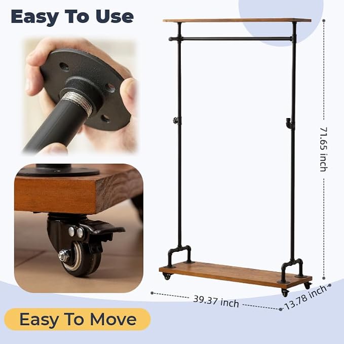 Industrial Pipe Clothing Rack, Wood Clothes Rack, Rolling Garment Rack | Heavy Duty, Sturdy Hanging Rod, Hall Tree on Wheels with Shelves, Shoes Storage and Hangers for Bedroom Retailer, Rustic