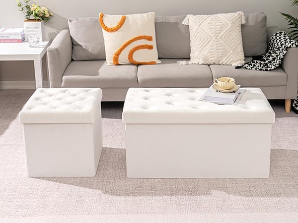 B FSOBEIIALEO Folding Storage Ottoman, Long Ottomans Shoes Bench, Velvet Storage Chest Footrest Seat 31.5"x15.7"x15.7" (White, Large)