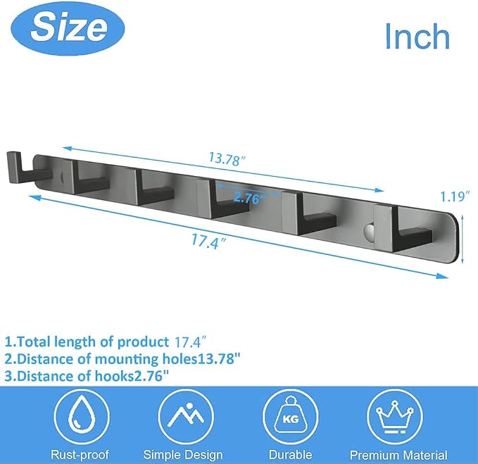 Coat Rack, Heavy Duty Stainless Steel 6 Tri Coat Hook Hanger, Wall Mounted Storage Wall Hooks, Rustic Clothes Hook/Key Hook Rail for Bathroom Kitchen Entryway(6 Hook Grey)