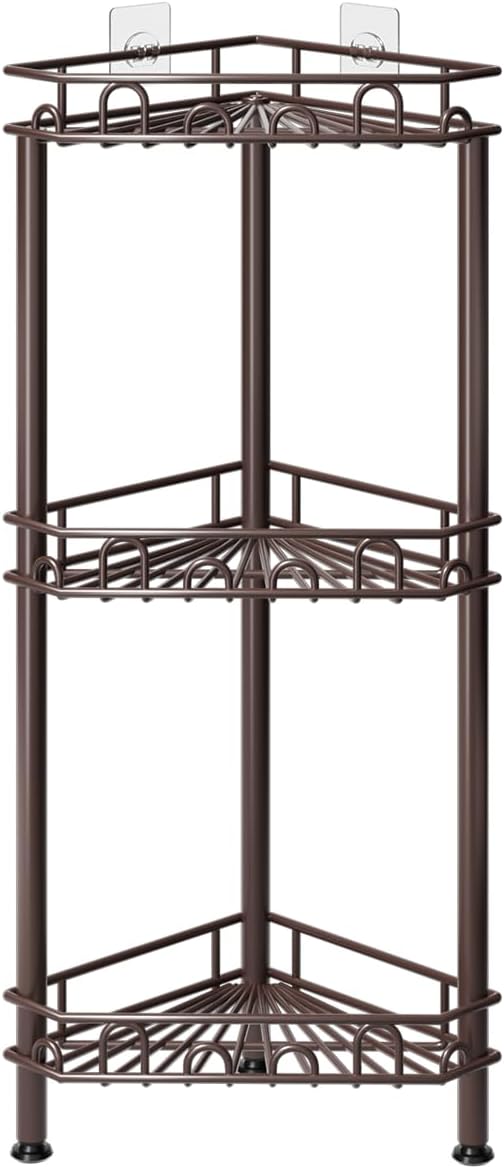 SWTYMIKI Standing Shower Caddy Corner - 3‑Tier Stainless Steel Shower Organizer Shelf with 12 Hooks and Adhesive Pads, Rustproof Corner Shelves Stand Rack for Bathroom Shower Room, Bronze