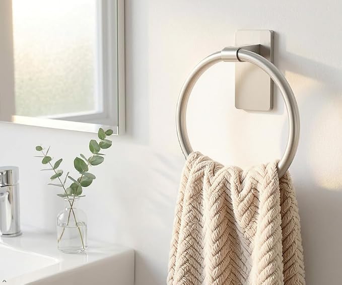 STWWO Hand Towel Holder for Bathroom, Brushed Nickel Towel Ring Adhesive | Bathroom Towel Holder Self Adhesive for Bath RV Kitchen, No Drill Hole