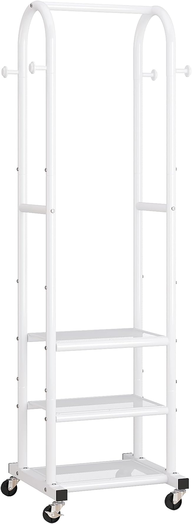 Dttwacoyh Clothing Rack with Wheels,Narrow Metal Garment Rack,White | Easy to install, 71.8 Inches Display Rack with 4 Side Hooks & 3 Shelves,for Small Flats, Bedroom, Entryway,White Clothes Rack