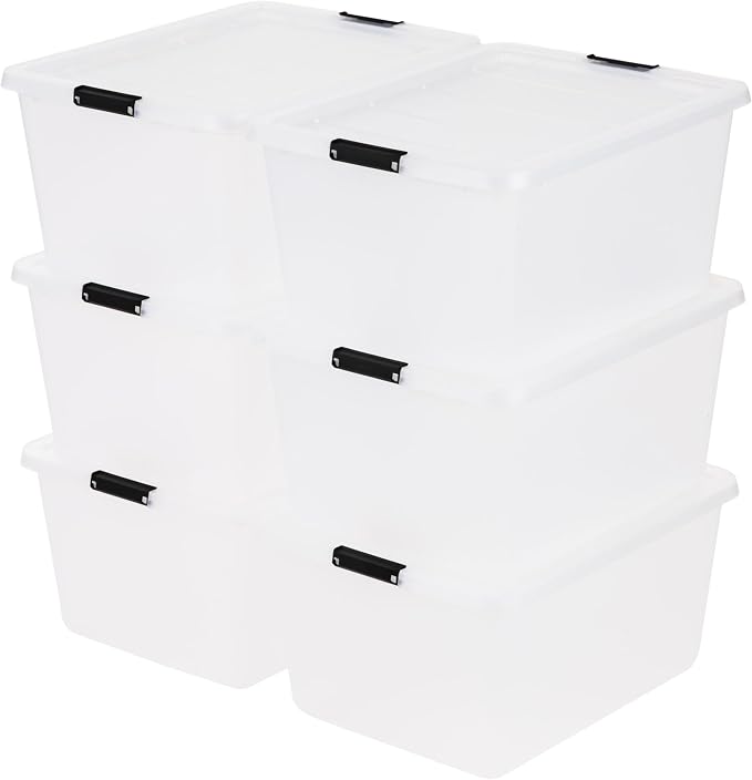 IRIS USA 6-Pack 32 Quart Clip Box with Latching Lid | Latching lid secures office and household supplies. Stackable, nestable design maximizes storage space