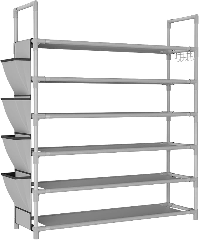 LANTEFUL 6 Tier Shoe Rack Storage for 24-30 Pairs Shoe and Boot, Shoe Organizer with Hook and Side Pocket Free Standing Long Shoe Shelf Tall Shoe Rack Organizer for Closet, Entryway, Dorm, Grey