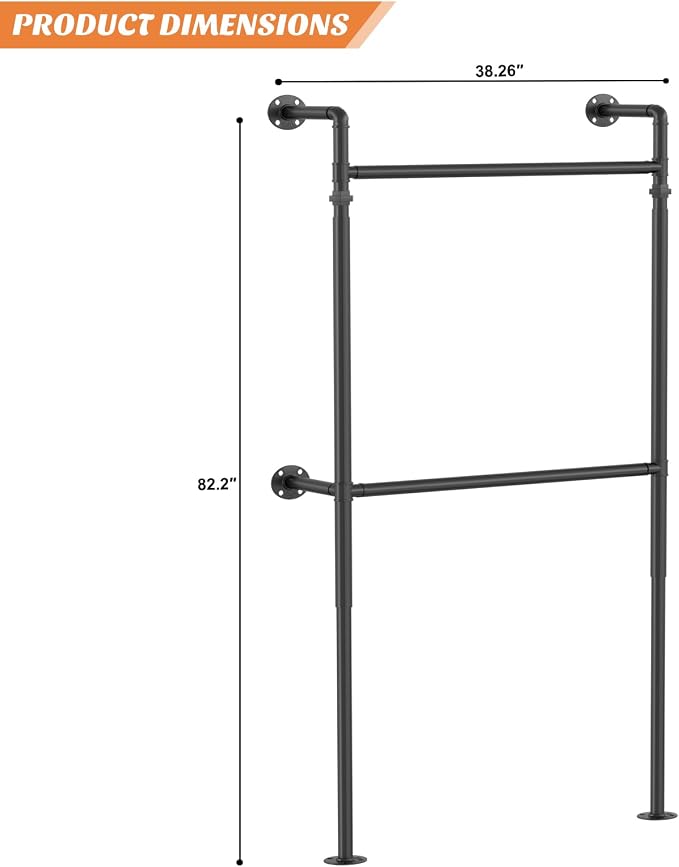 Aheaplus Industrial Pipe Clothing Rack, Reversible 3.5FT Clothes Rack for Hanging Clothes, Heavy Duty Garment Racks, Wall Mounted Closet Wardrobe Racks, Small Walk-in Closet System, Black