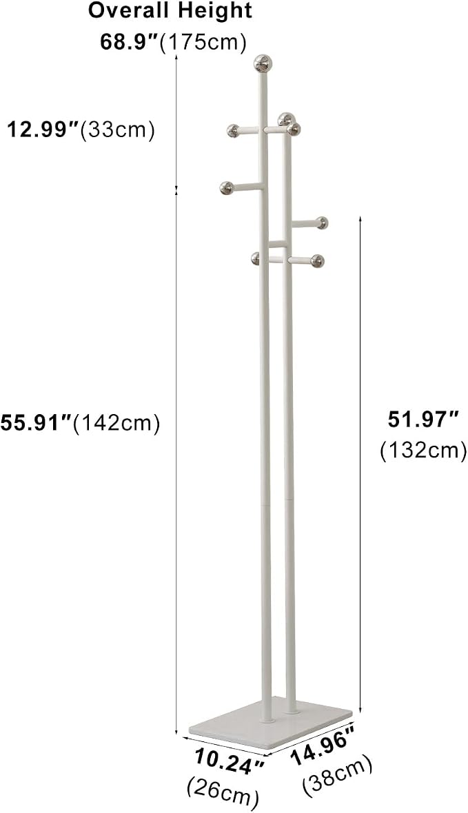 Metal Standing Coat Rack for Entryway Bedroom Living Room (White) | Easy Assembly, Compact Footprint, Space Saver, Metal Frame, Marble Base, Sturdy, 8 Spherical Hooks, Office, Corner