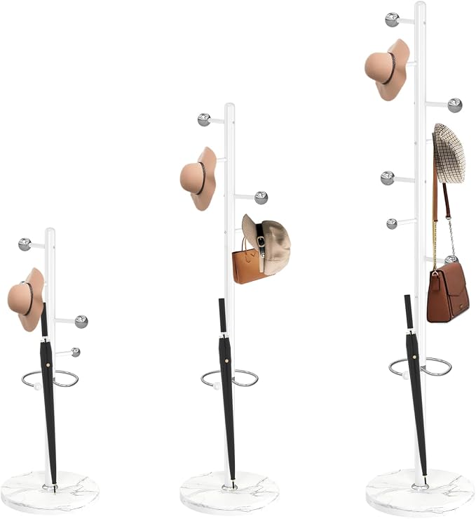 Coat Rack Stand, White Metal Coat Rack Freestanding with 8 Hooks | Coat Rack with Natural Marble Base,Modern Coat Hanger Stand, 3 Adjustable Coat Clothes Tree Stand for Office