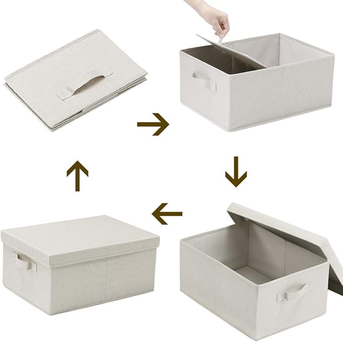 HOONEX Foldable Storage Bins with Lids, 2 Pack, Storage Boxes with Carrying Handles and Sturdy Heavy Cardboard, 16.5" L x 11.8" W x 7.5" H for Shoes, Books, Clothes, Beige