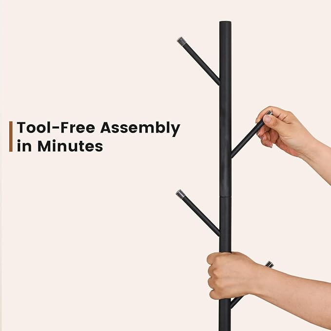 Freestanding Coat Rack with Marble Base, 4 Height Adjustable Standing Metal Coat Tree with 7 Hooks, Space-Saving Hat Clothes Coat Stand for Entryway, Bedroom, Office (Black)