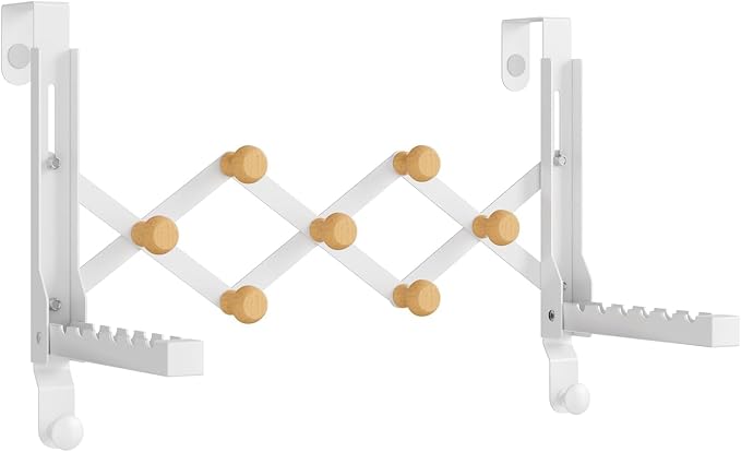 Over The Door Hooks with 7 Wood Hooks, Foldable Collapsible Clothes Drying Rack & Towel Hanger, Space-Saving Door Organizer for Laundry, Coat, Bedroom, Dorm and Bathroom