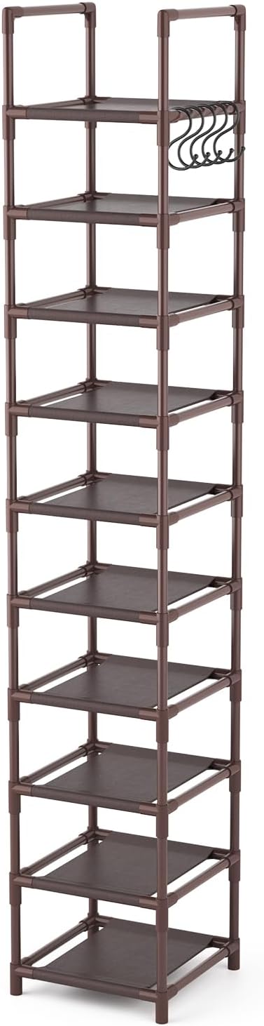 LANTEFUL Tall Shoe Rack 10-Tier Narrow Shoe Shelf Storage for 10-15 Pairs Shoe and Boot, Sturdy Shoe Storage Space Saving Corner Shoe Rack Organizer for Closet, Entryway, Living Room, Brown