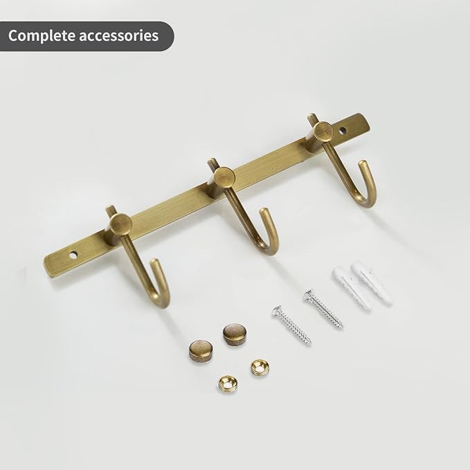 WINCASE Antique Brass Towel Hook Rack, Brushed Wall Hooks with 3 Hooks - Rustic Bath Coat Hook Holders