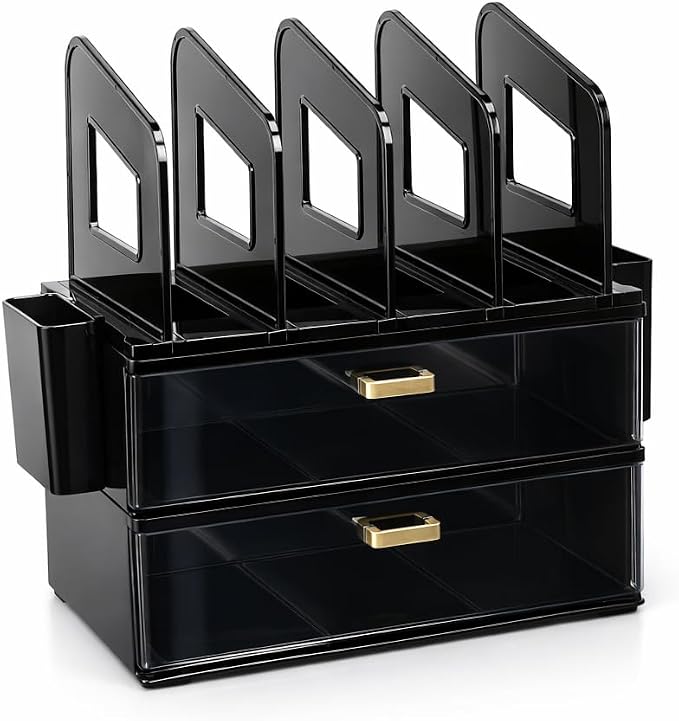 CiWiVOKi Desk Organizer with 4 File Slots and 2 Drawers, Black | File organizer with dual pen holders and storage compartments for mail, documents and office supplies