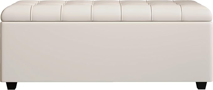 38" White Faux Leather Storage Ottoman Footrest Bench | Solid wood frame bench, 4-leg easy assembly. Use as end-of-bed, footrest, entryway seat. Hinged hidden storage, multi-use.