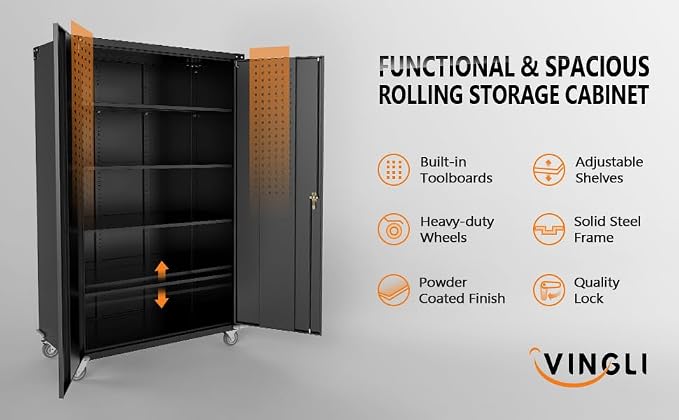 VINGLI Upgraded Wide & Deep Garage Storage Cabinet, Metal Storage Cabinet with Pegboards, Wheels, Locking Doors and Adjustable Shelves (Black, 43''W x 20''D x 72''H)