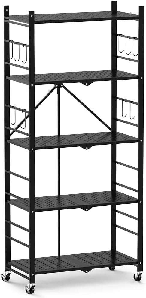 Himix Storage Shelves with 20 Hooks, 5-Tier Collapsible Organization Storage Rack Bookshelf Folding Pantry Shelves Cube Shelf Wire Shelving Holds 440 Ibs for Garage Kitchen Room, Black