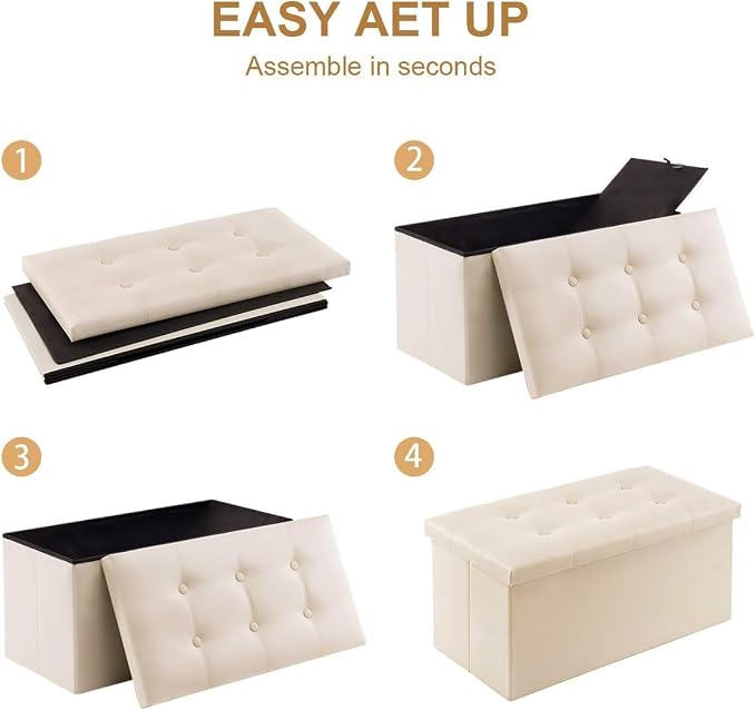 YOUDENOVA 30" Ottoman with Storage, Folding Faux Leather Bench, Beige | Foldable ottoman with hidden storage, padded faux leather seat for living room, bedroom and entryway.