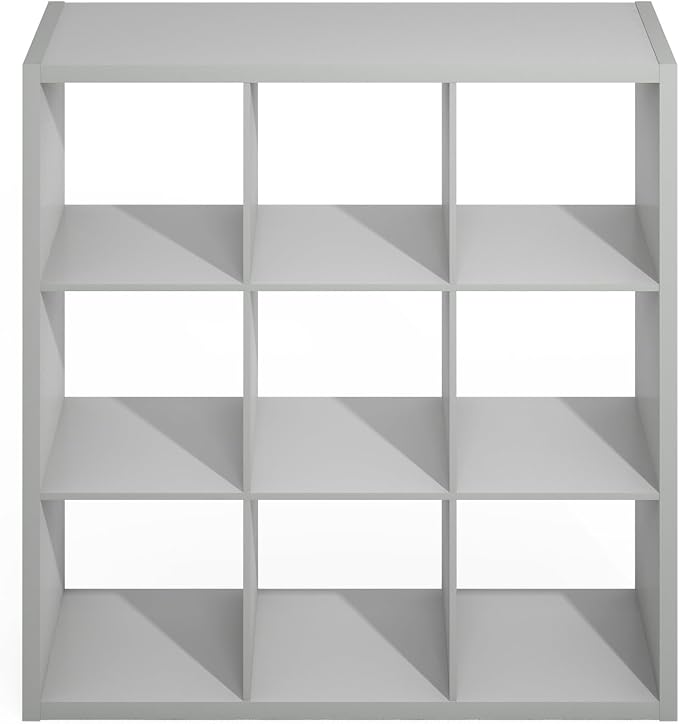 Furinno Simple Cube Storage Organizer, 9-Cube Display Shelf, Open Back Shelving Unit, Storage Shelves, Extra Thick Frame, for Organization and Storage, Living Room, Home Office, Light Grey