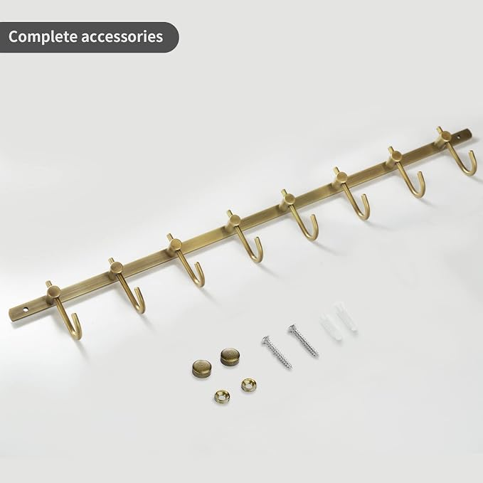 WINCASE Antique Brass Hooks, 8 Hook Coat Rack, Bath Wall Mounted Vintage Brushed Brass Bathroom Row Hooks Rustic Towels Coats Hooks