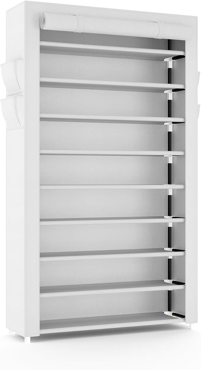 VILICK Shoe Rack with Cover Narrow Shoe Organizer with Pockets 10 Tier Tall Shoe Storage Holds 36-41 Pairs Shoes and Boots Shoe Rack for Closet Entryway Garage, White