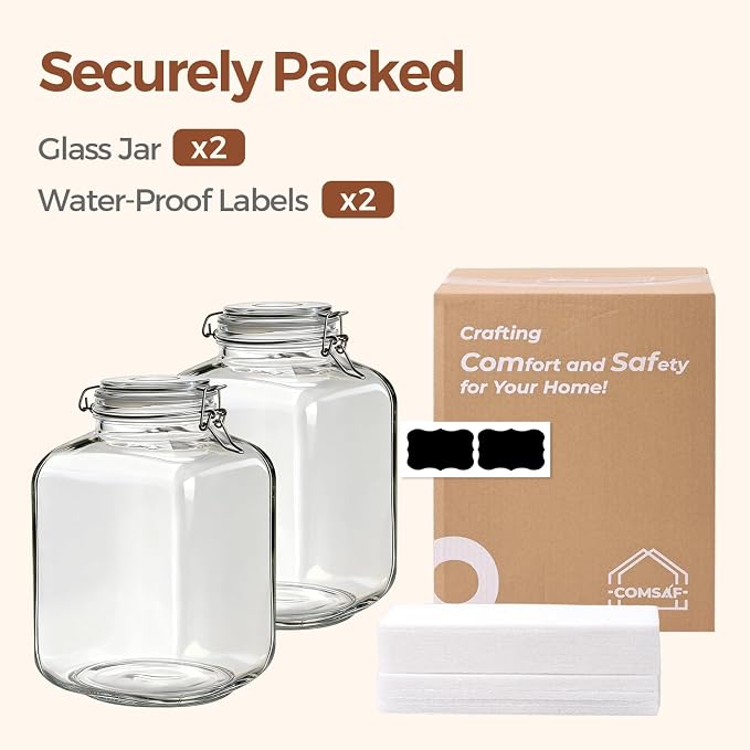 ComSaf Square Glass Jars with Airtight Lid 1.3 Gallon 2 Pack Large Canister | Flour sugar rice, Kombucha pickling, Pantry organization, Bulk storage, Pickling fermenting, Cabinet organization, Snacks
